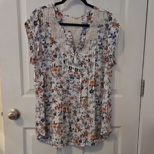 Daniel Rainn Floral Blouse Sz 1X - White with Orange and Blue